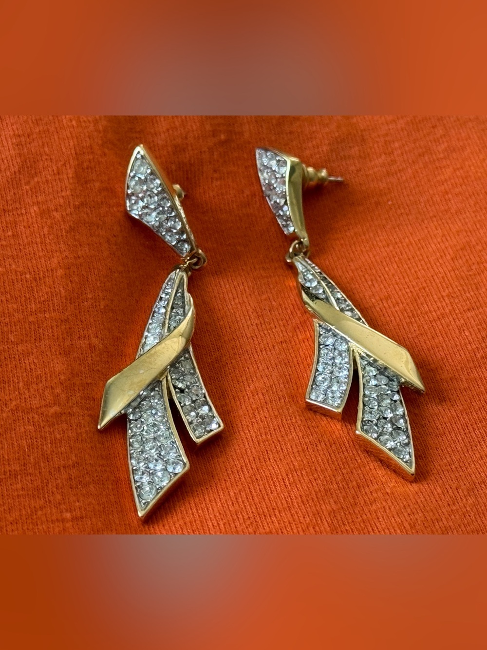 Vintage Crown Trifari Long Dangle Rhinestone Pave Earrings